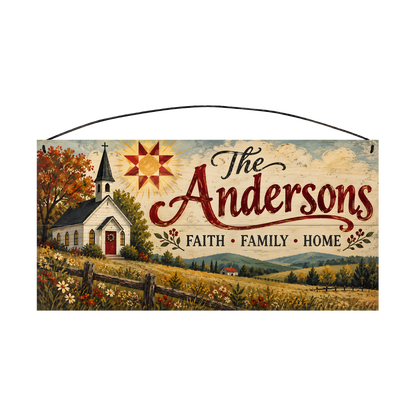 Personalized Faith Family Home Wood Sign — front, shown with sample wording