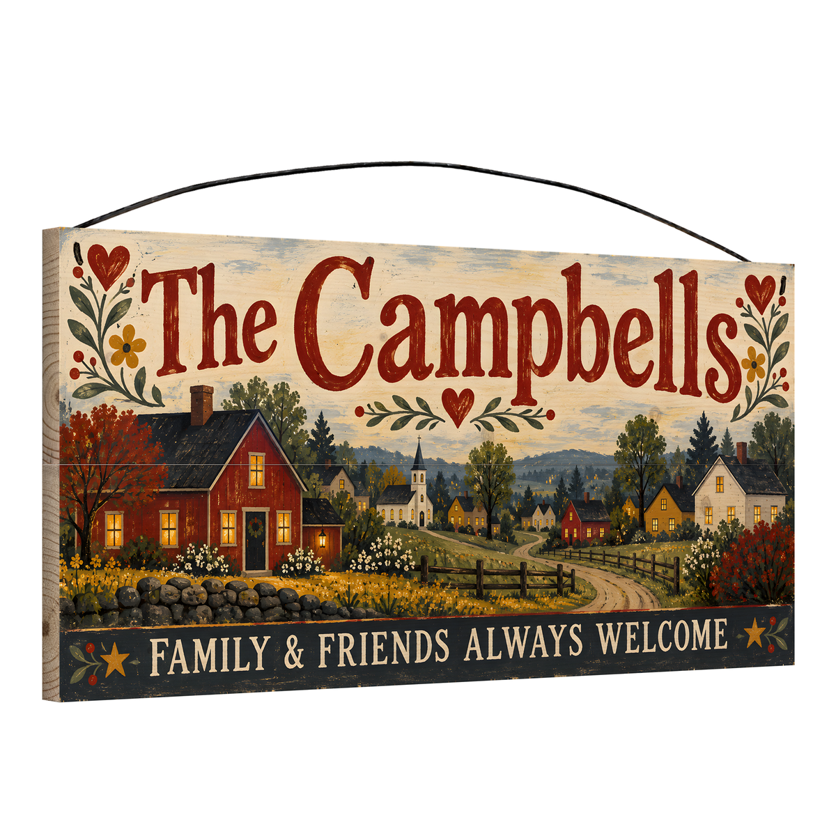 Personalized Family & Friends Always Welcome Wood Sign — angle view showing the pine edge and wire hanger