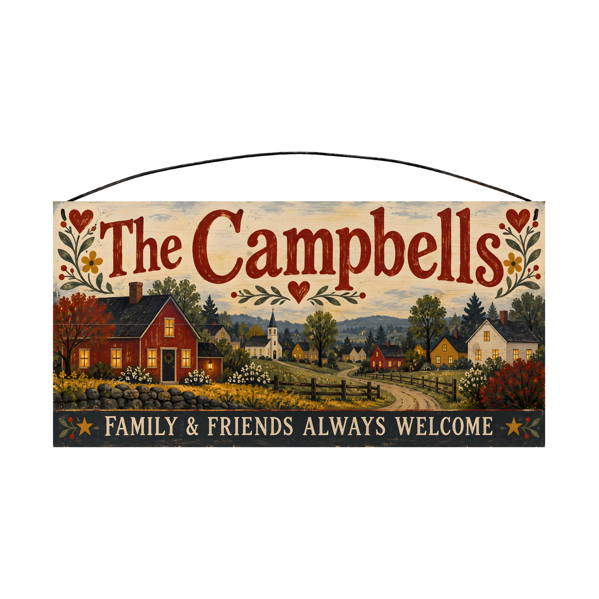 Personalized Family & Friends Always Welcome Wood Sign — front, shown with sample wording