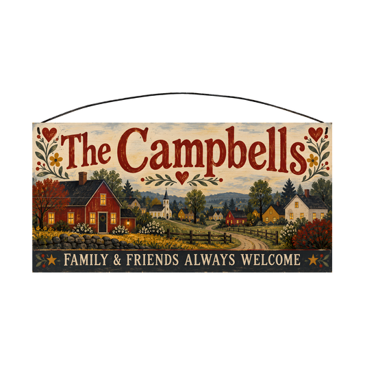 Personalized Family & Friends Always Welcome Wood Sign — front, shown with sample wording