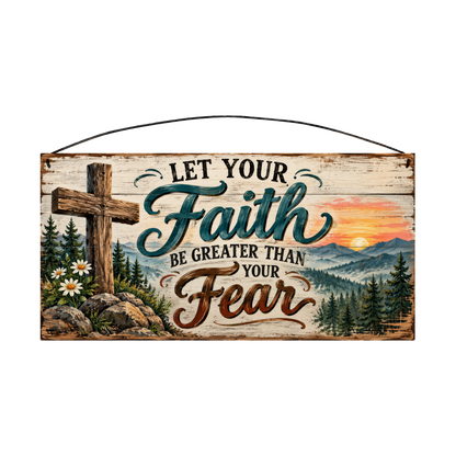Let Your Faith Be Greater Than Your Fear Teal Script Mountain Sunset 7x14 wood sign, front