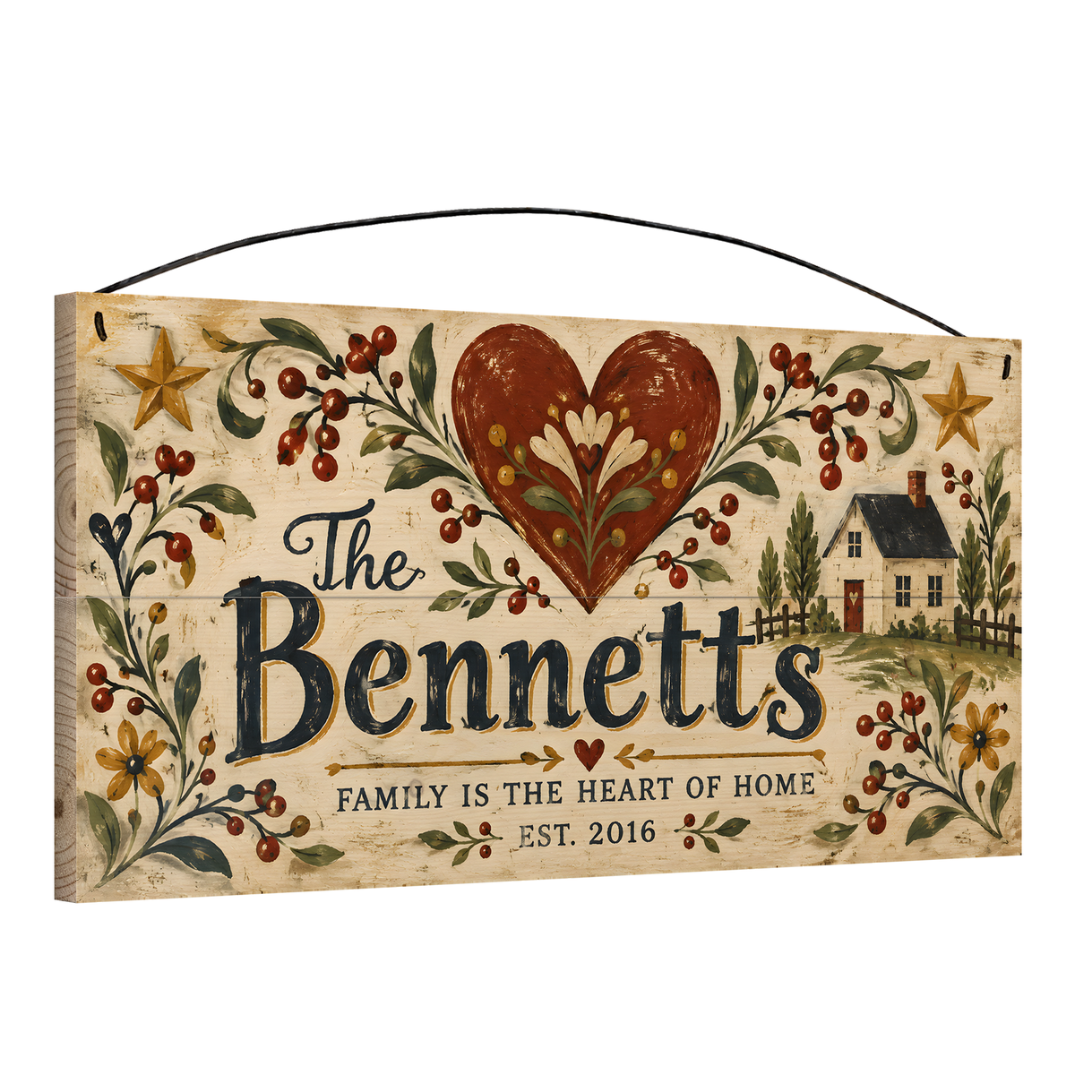 Personalized Family Is the Heart of Home Folk Heart & Berries Wood Sign — angle view showing the pine edge and wire hanger