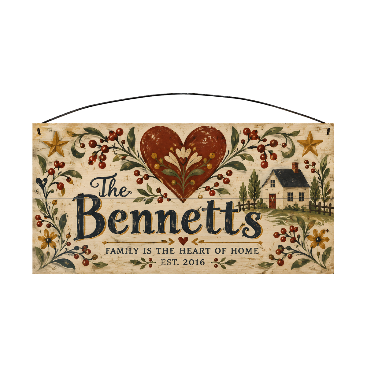 Personalized Family Is the Heart of Home Folk Heart & Berries Wood Sign — front, shown with sample wording