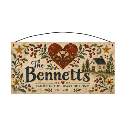 Personalized Family Is the Heart of Home Folk Heart & Berries Wood Sign — front, shown with sample wording