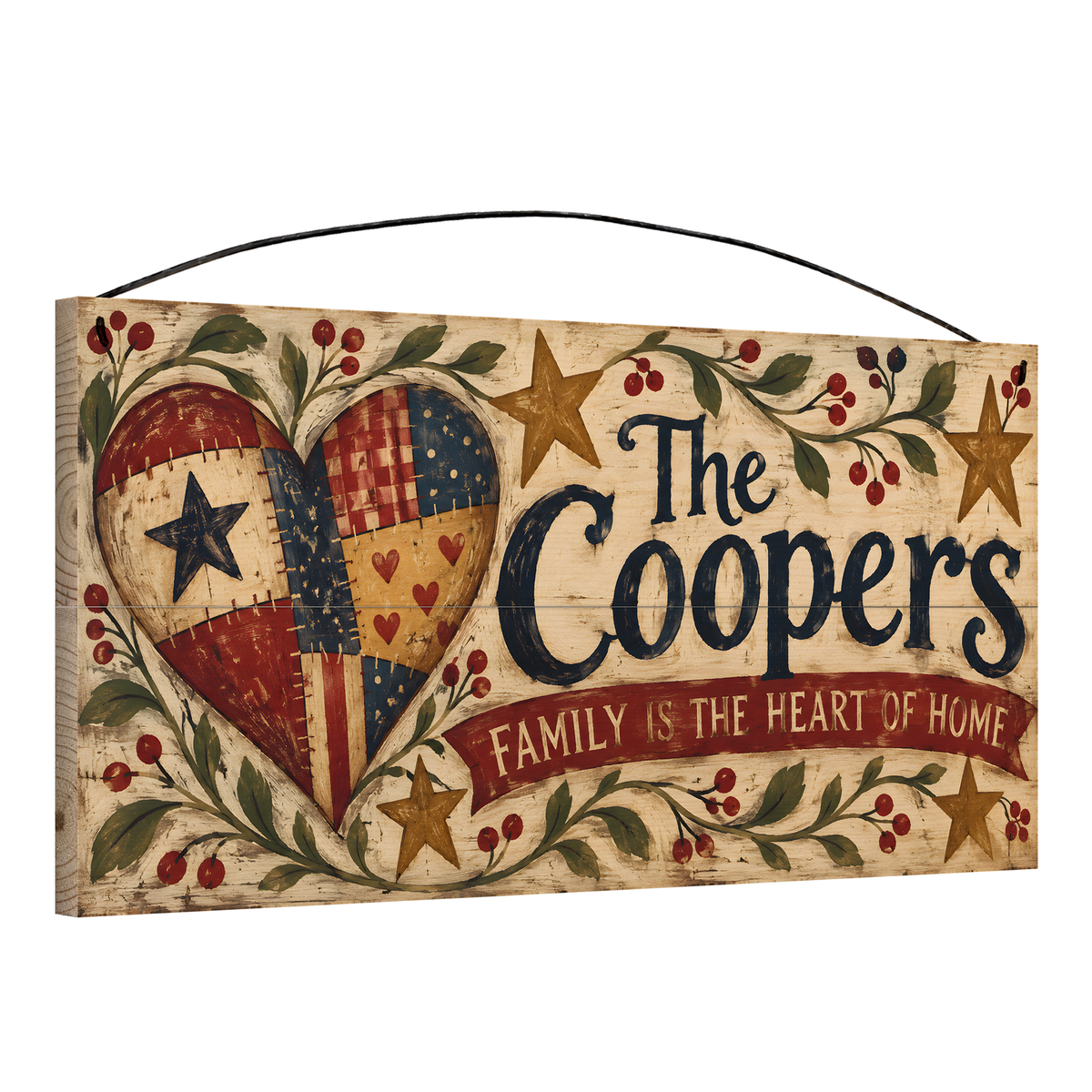 Personalized Family Is the Heart of Home Patchwork Heart & Stars Wood Sign — angle view showing the pine edge and wire hanger
