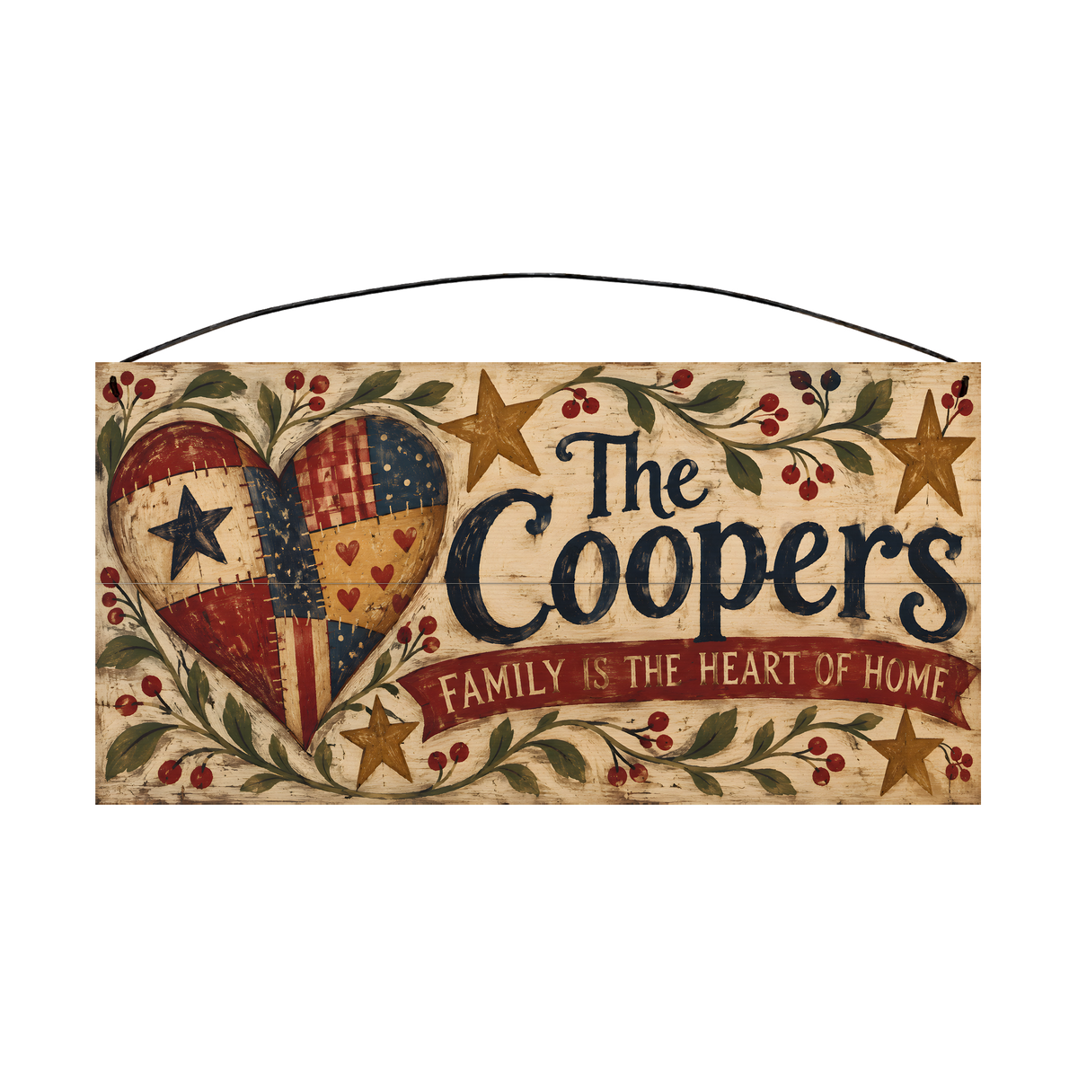 Personalized Family Is the Heart of Home Patchwork Heart & Stars Wood Sign — front, shown with sample wording