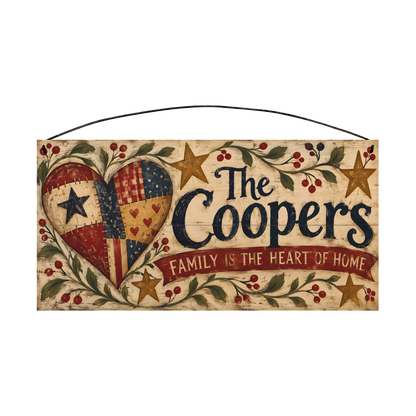 Personalized Family Is the Heart of Home Patchwork Heart & Stars Wood Sign — front, shown with sample wording