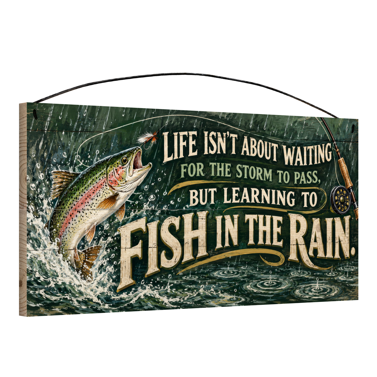 Angled view of Fish in the Rain Rainbow Trout wood sign, 7 × 14 in, showing board thickness and wire hanger