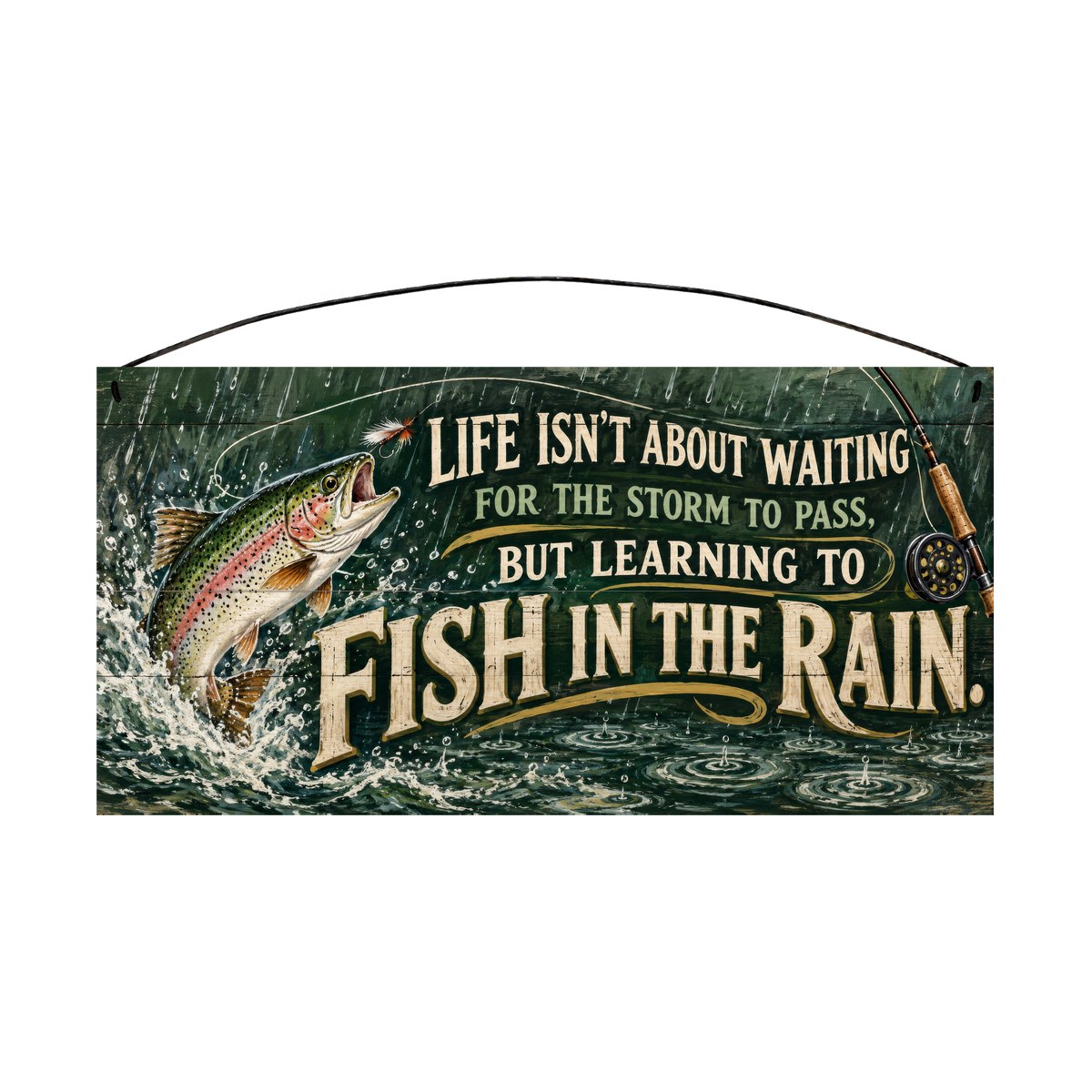 Fish in the Rain Rainbow Trout Wood Sign, 7×14 — solid pine