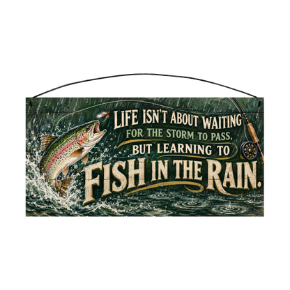 Fish in the Rain Rainbow Trout Wood Sign, 7×14 — solid pine