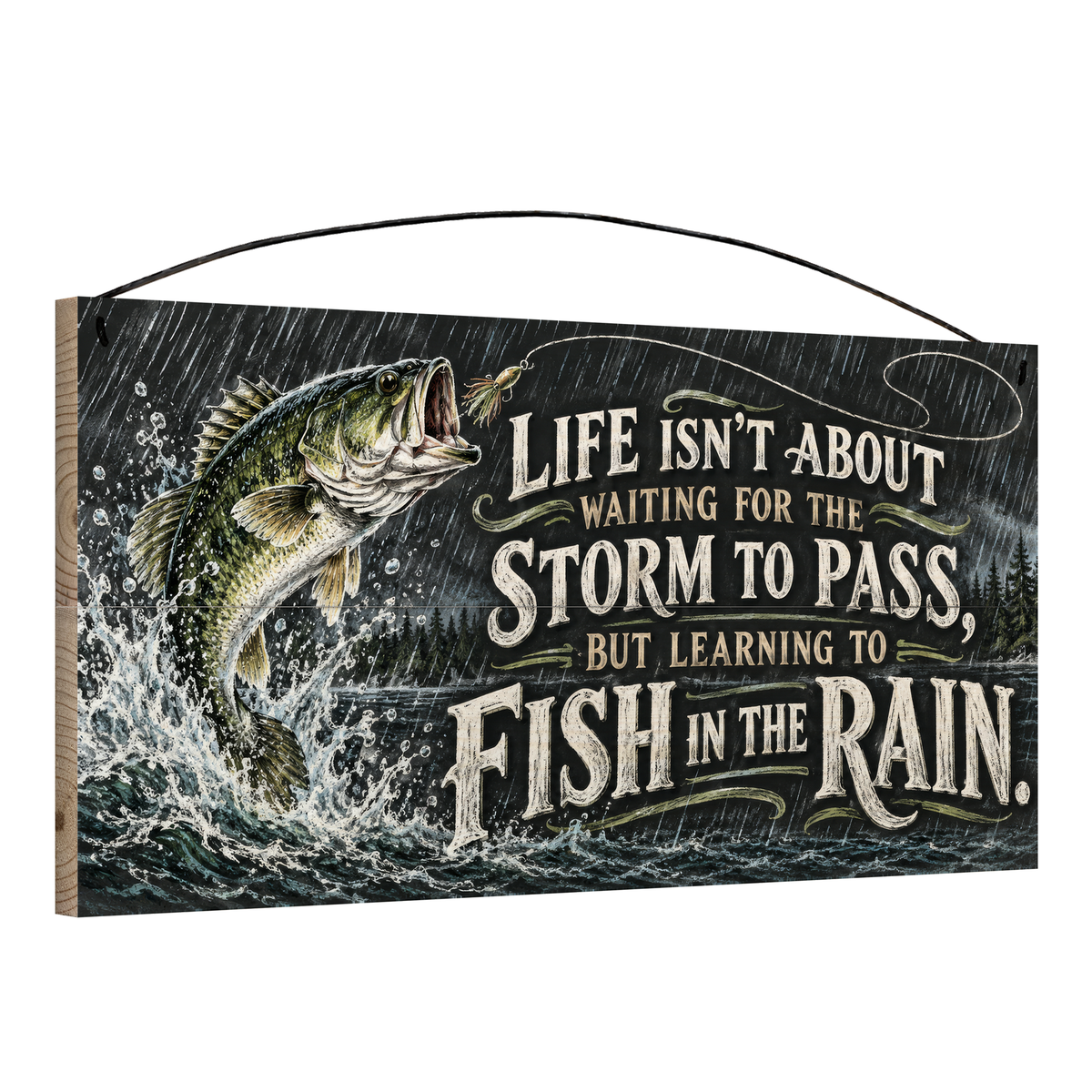 Angled view of Fish in the Rain Largemouth Bass wood sign, 7 × 14 in, showing board thickness and wire hanger