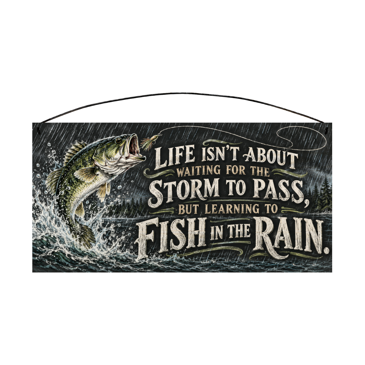 Fish in the Rain Largemouth Bass Wood Sign, 7×14 — solid pine