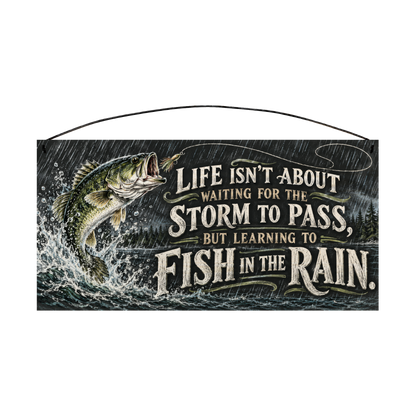 Fish in the Rain Largemouth Bass Wood Sign, 7×14 — solid pine