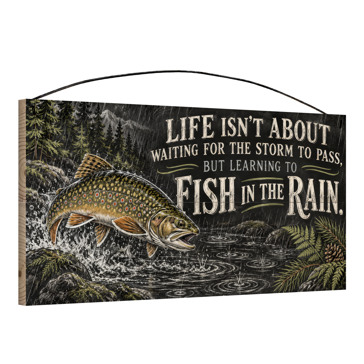 Angled view of Fish in the Rain Brook Trout wood sign, 7 × 14 in, showing board thickness and wire hanger