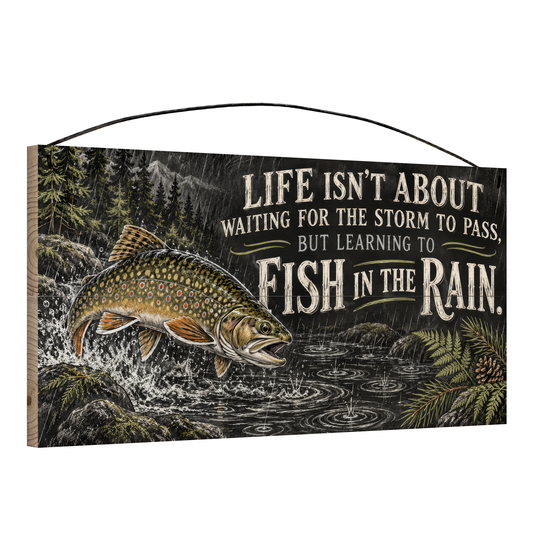 Angled view of Fish in the Rain Brook Trout wood sign, 7 × 14 in, showing board thickness and wire hanger
