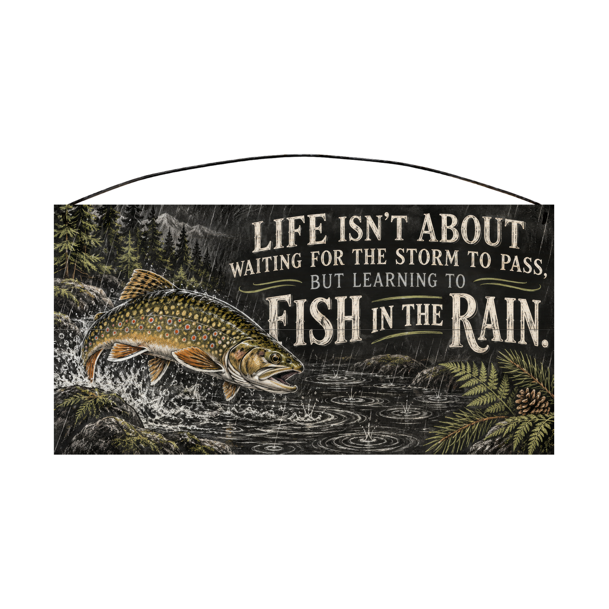 Fish in the Rain Brook Trout Wood Sign, 7×14 — solid pine