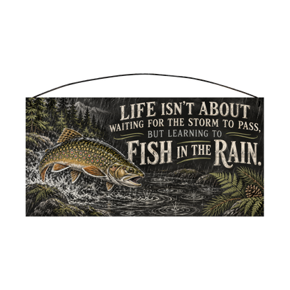 Fish in the Rain Brook Trout Wood Sign, 7×14 — solid pine