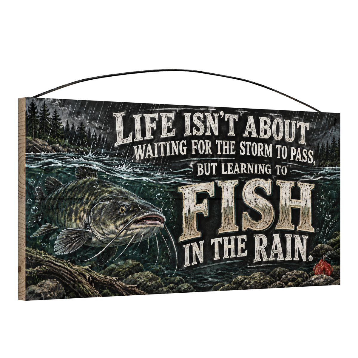Angled view of Fish in the Rain Catfish wood sign, 7 × 14 in, showing board thickness and wire hanger