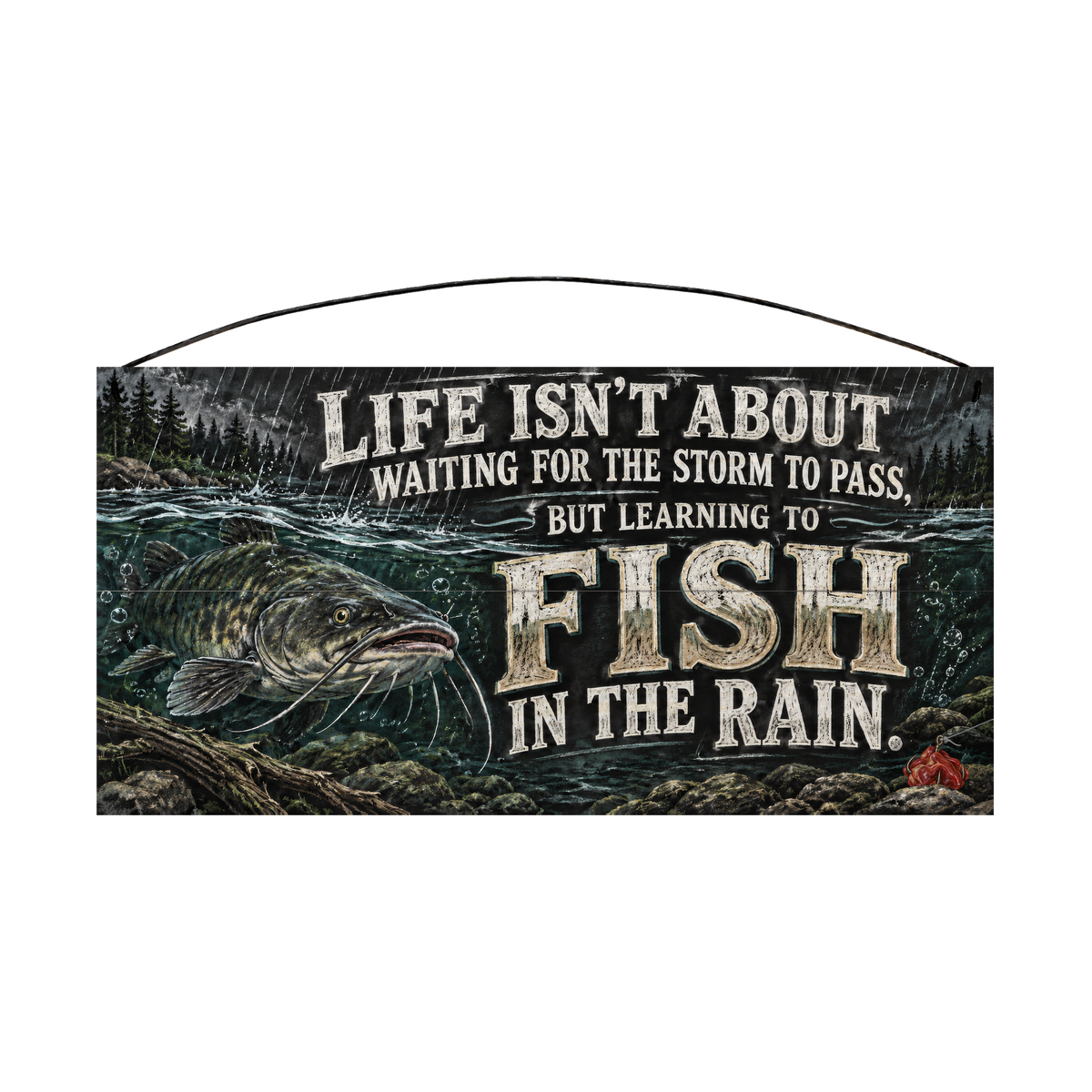 Fish in the Rain Catfish Wood Sign, 7×14 — solid pine