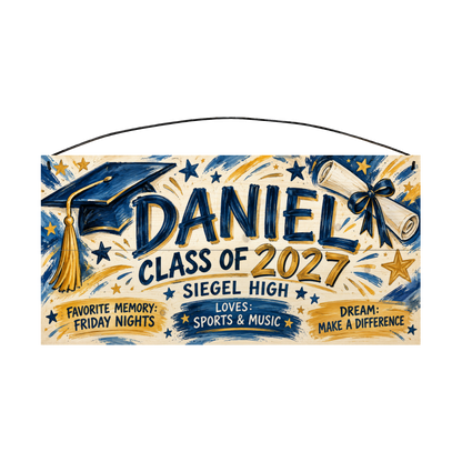 Personalized Favorite Memory, Loves and Dream graduation wood sign, 7 x 14 in — navy and gold brush lettering with a graduation cap and diploma, finished with three painted panels for a favorite memory, what they love and their dream