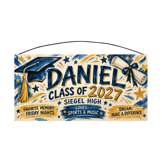 Personalized Favorite Memory, Loves and Dream graduation wood sign, 7 x 14 in — navy and gold brush lettering with a graduation cap and diploma, finished with three painted panels for a favorite memory, what they love and their dream