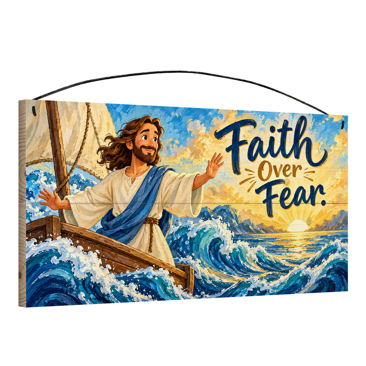 Faith Over Fear wood sign, 7x14, angled view showing the pine edge