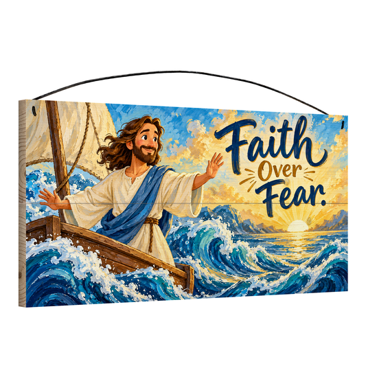 Faith Over Fear wood sign, 7x14, angled view showing the pine edge