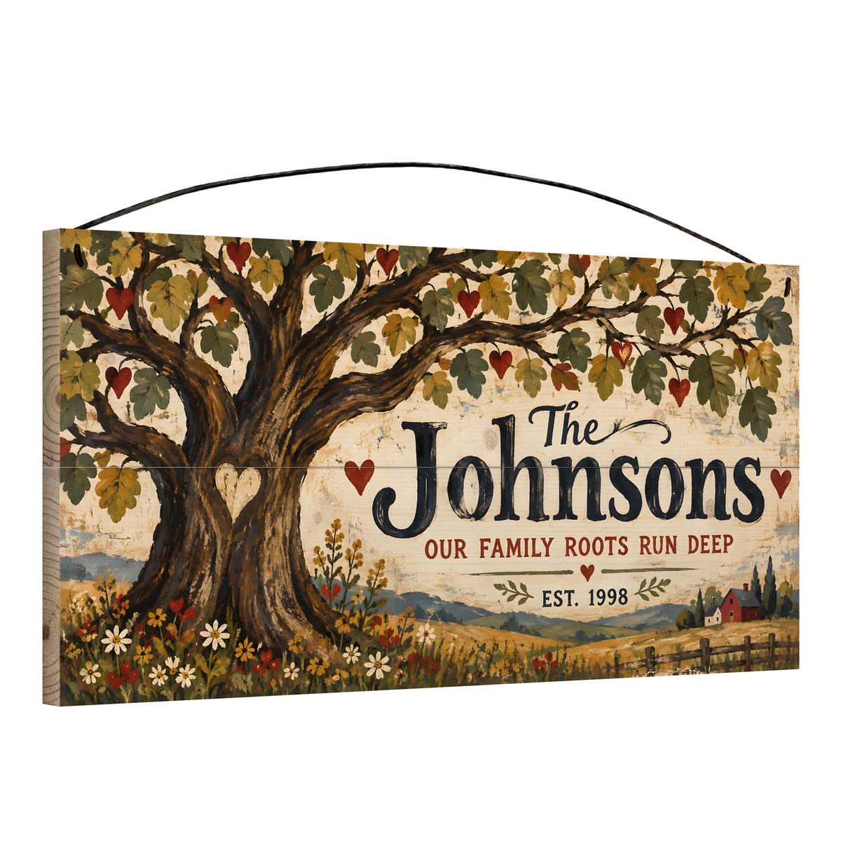 Personalized Our Family Roots Run Deep Wood Sign — angle view showing the pine edge and wire hanger