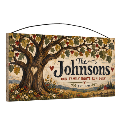 Personalized Our Family Roots Run Deep Wood Sign — angle view showing the pine edge and wire hanger
