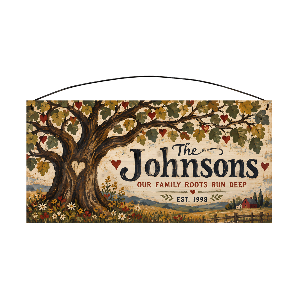 Personalized Our Family Roots Run Deep Wood Sign — front, shown with sample wording