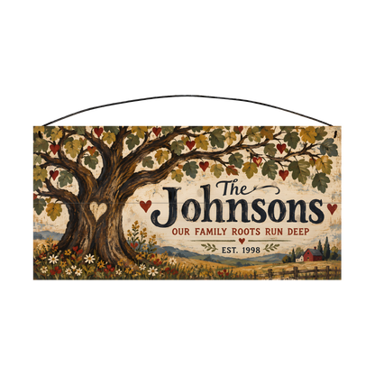 Personalized Our Family Roots Run Deep Wood Sign — front, shown with sample wording