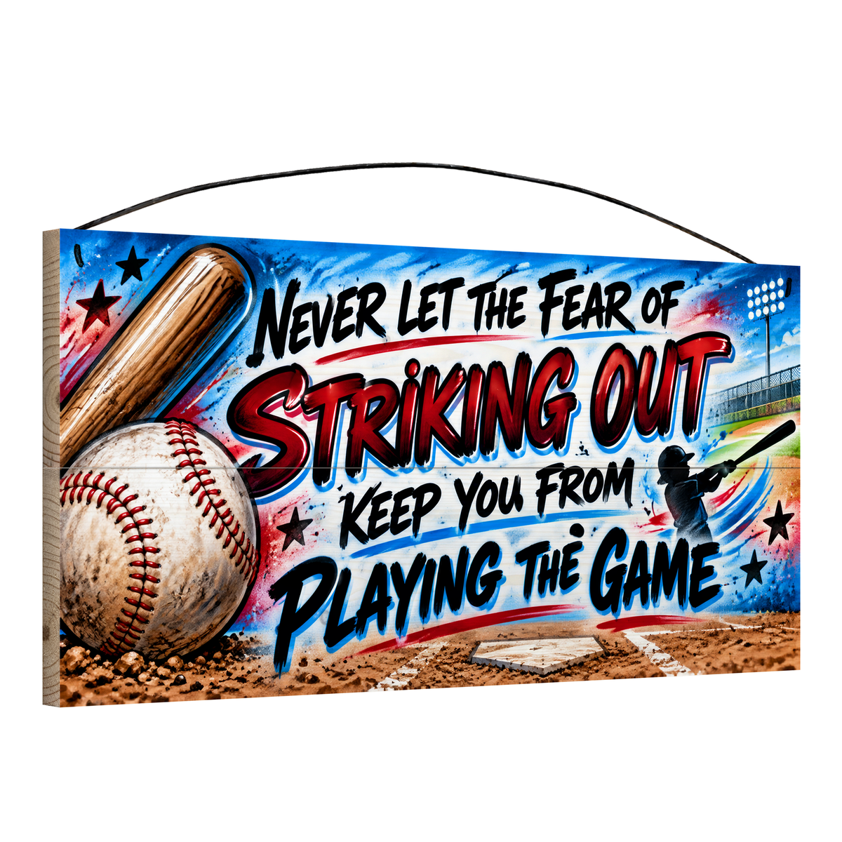 Angled view of the Never Let the Fear of Striking Out Stadium Lights 7 x 14 in pine wood sign, showing the board thickness, slat ends and wire hanger