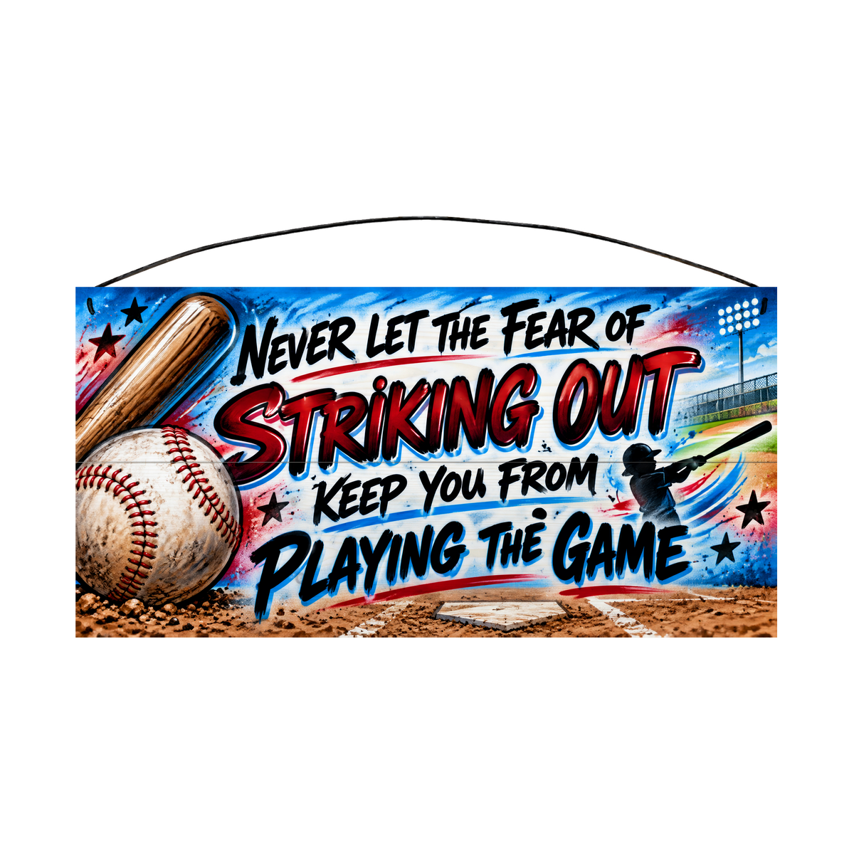 Never Let the Fear of Striking Out Stadium Lights wood sign, 7 x 14 in, black and red brush lettering with a baseball, bat and stadium lights in blue airbrush