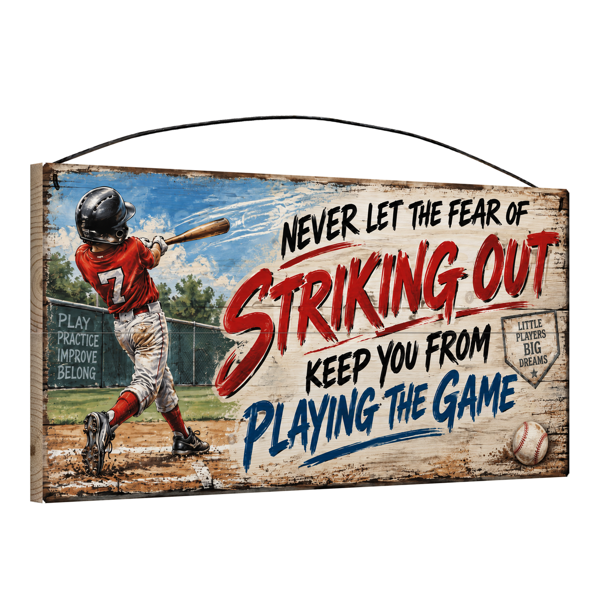 Angled view of the Never Let the Fear of Striking Out Little League Batter 7 x 14 in pine wood sign, showing the board thickness, slat ends and wire hanger