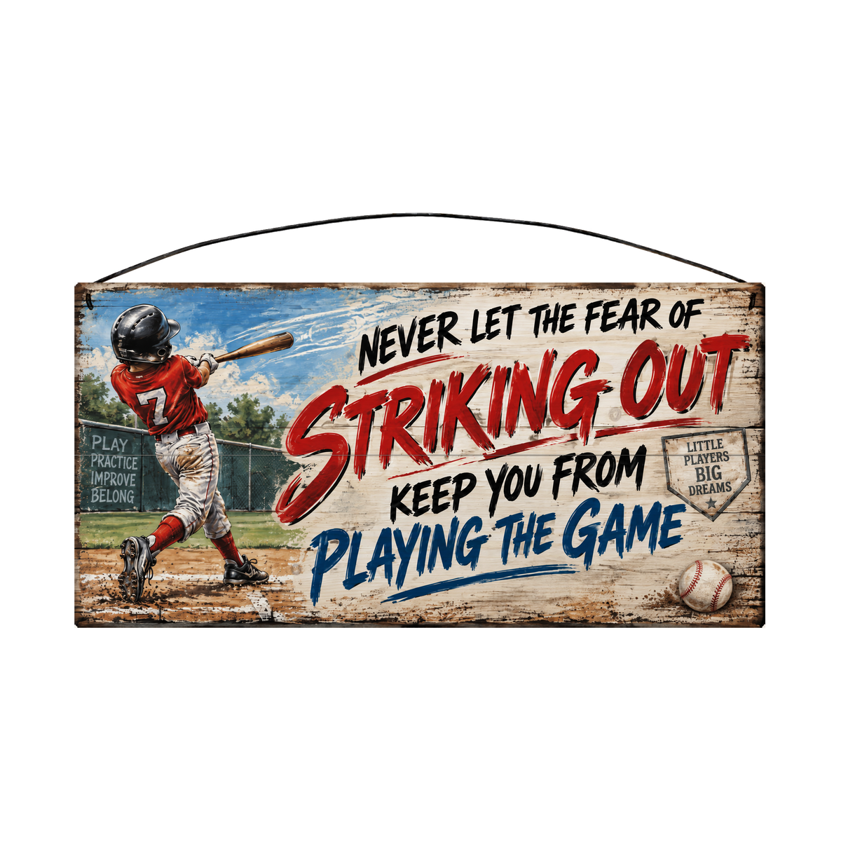 Never Let the Fear of Striking Out Little League Batter wood sign, 7 x 14 in, red and navy brush lettering beside a young batter in a number 7 jersey, whitewashed pine