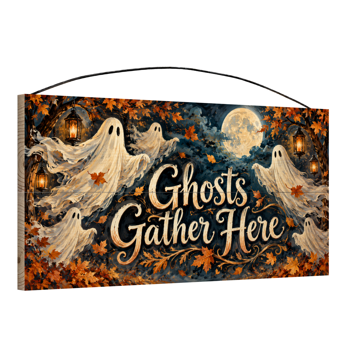 Ghosts Gather Here 7x14 wood sign, angle view