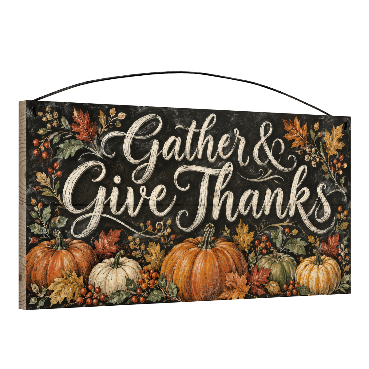 Gather & Give Thanks Pumpkin Harvest Chalkboard wood sign, 7x14, angled view showing the pine edge