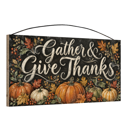 Gather & Give Thanks Pumpkin Harvest Chalkboard wood sign, 7x14, angled view showing the pine edge