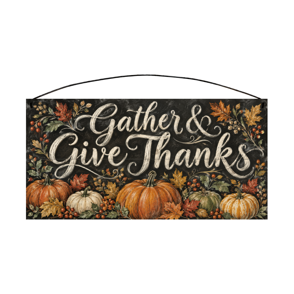 Gather & Give Thanks Pumpkin Harvest Chalkboard wood sign, 7x14, front