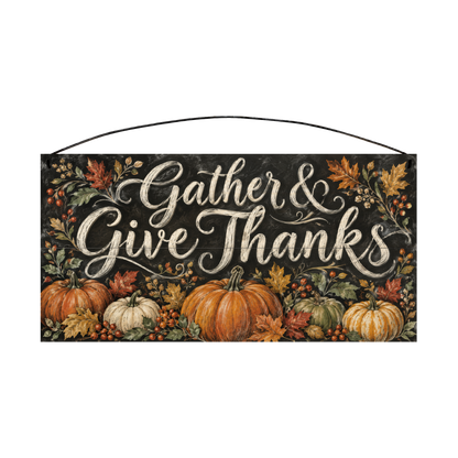Gather & Give Thanks Pumpkin Harvest Chalkboard wood sign, 7x14, front