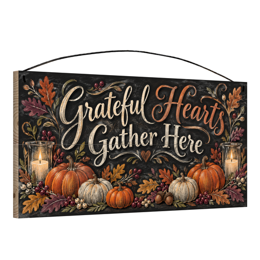 Grateful Hearts Gather Here Pumpkin & Candle Chalkboard wood sign, 7x14, angled view showing the pine edge