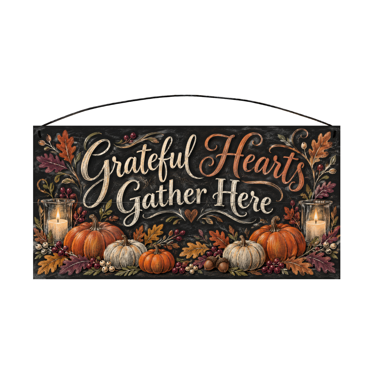 Grateful Hearts Gather Here Pumpkin & Candle Chalkboard wood sign, 7x14, front