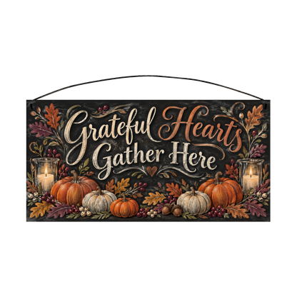 Grateful Hearts Gather Here Pumpkin & Candle Chalkboard wood sign, 7x14, front