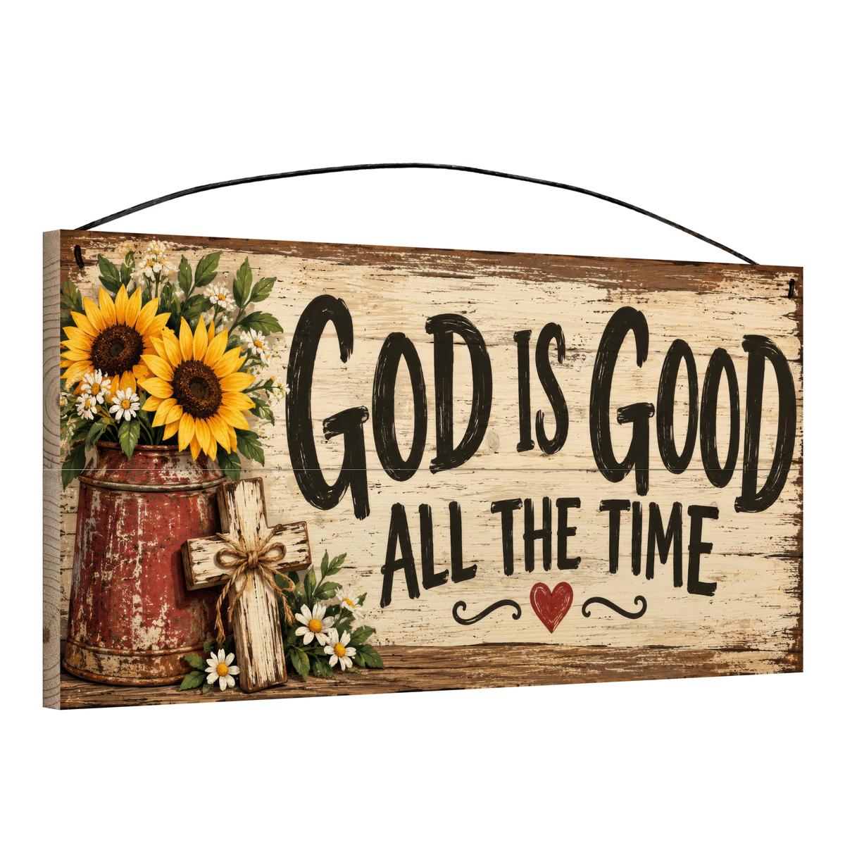 God Is Good All the Time 7x14 wood sign, angled view