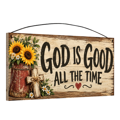God Is Good All the Time 7x14 wood sign, angled view