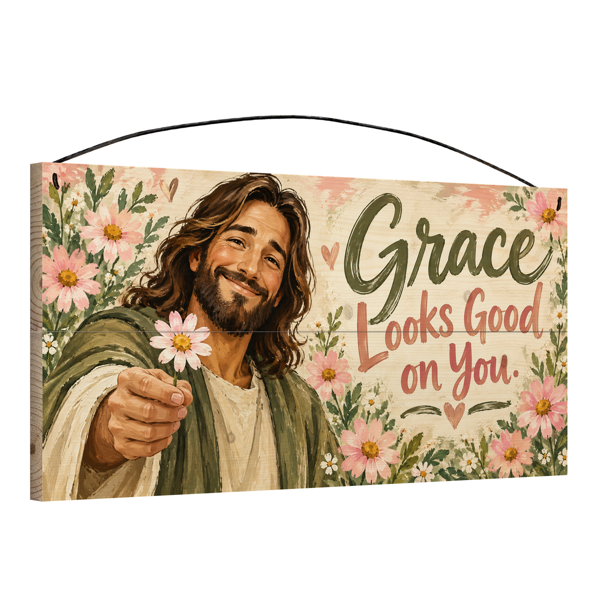 Grace Looks Good on You wood sign, 7x14, angled view showing the pine edge