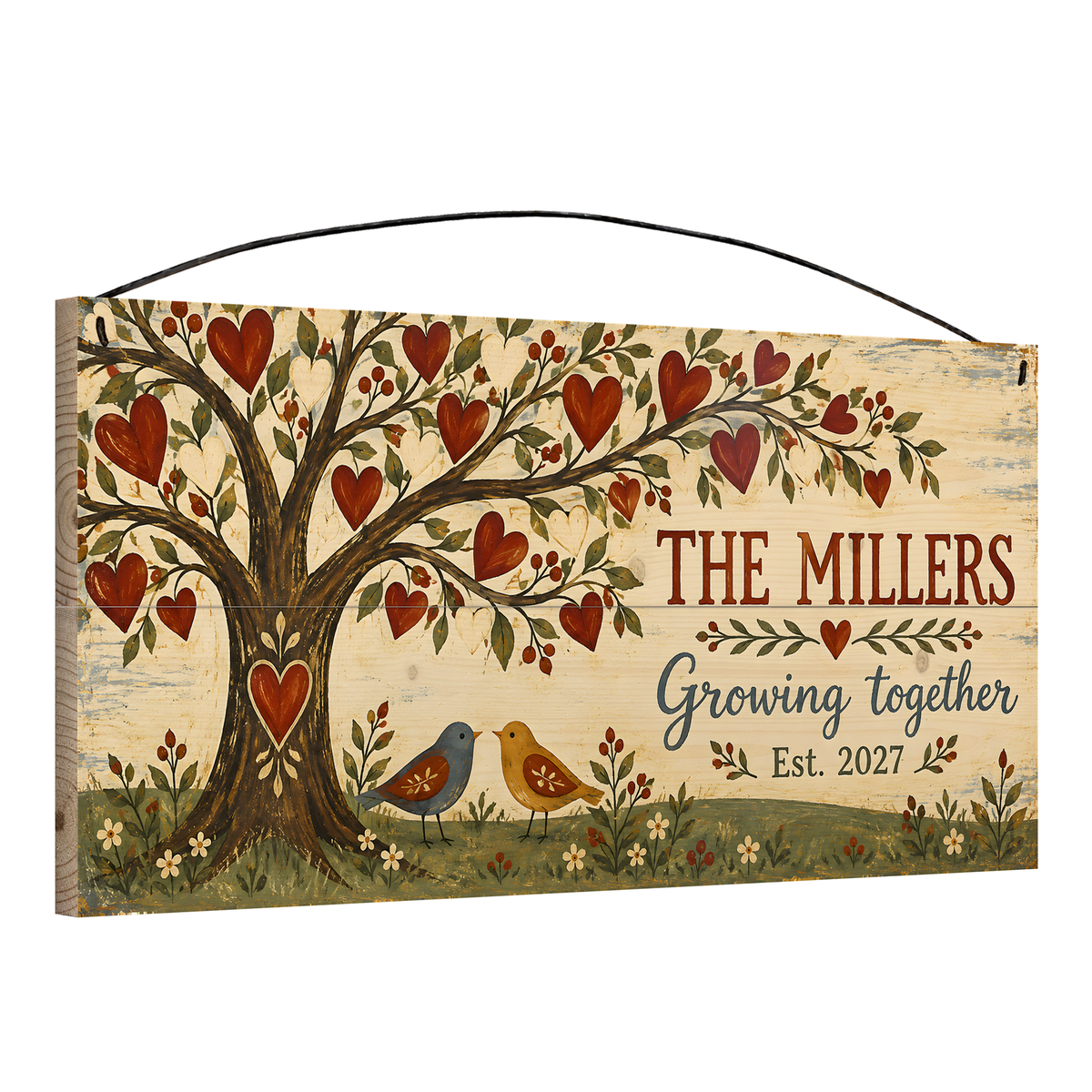 Personalized Growing Together Wood Sign — angle view showing the pine edge and wire hanger