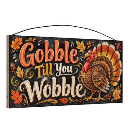 Gobble Till You Wobble Turkey Chalkboard wood sign, 7x14, angled view showing the pine edge