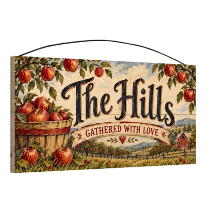 Personalized Gathered With Love Wood Sign — angle view showing the pine edge and wire hanger