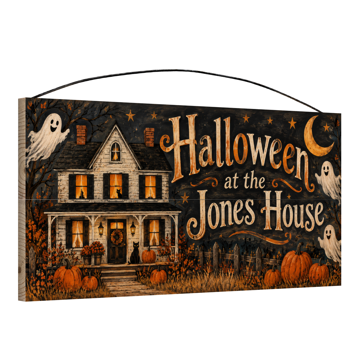 Personalized Halloween at the House Haunted Farmhouse Wood Sign – Custom Family Name, 7×14